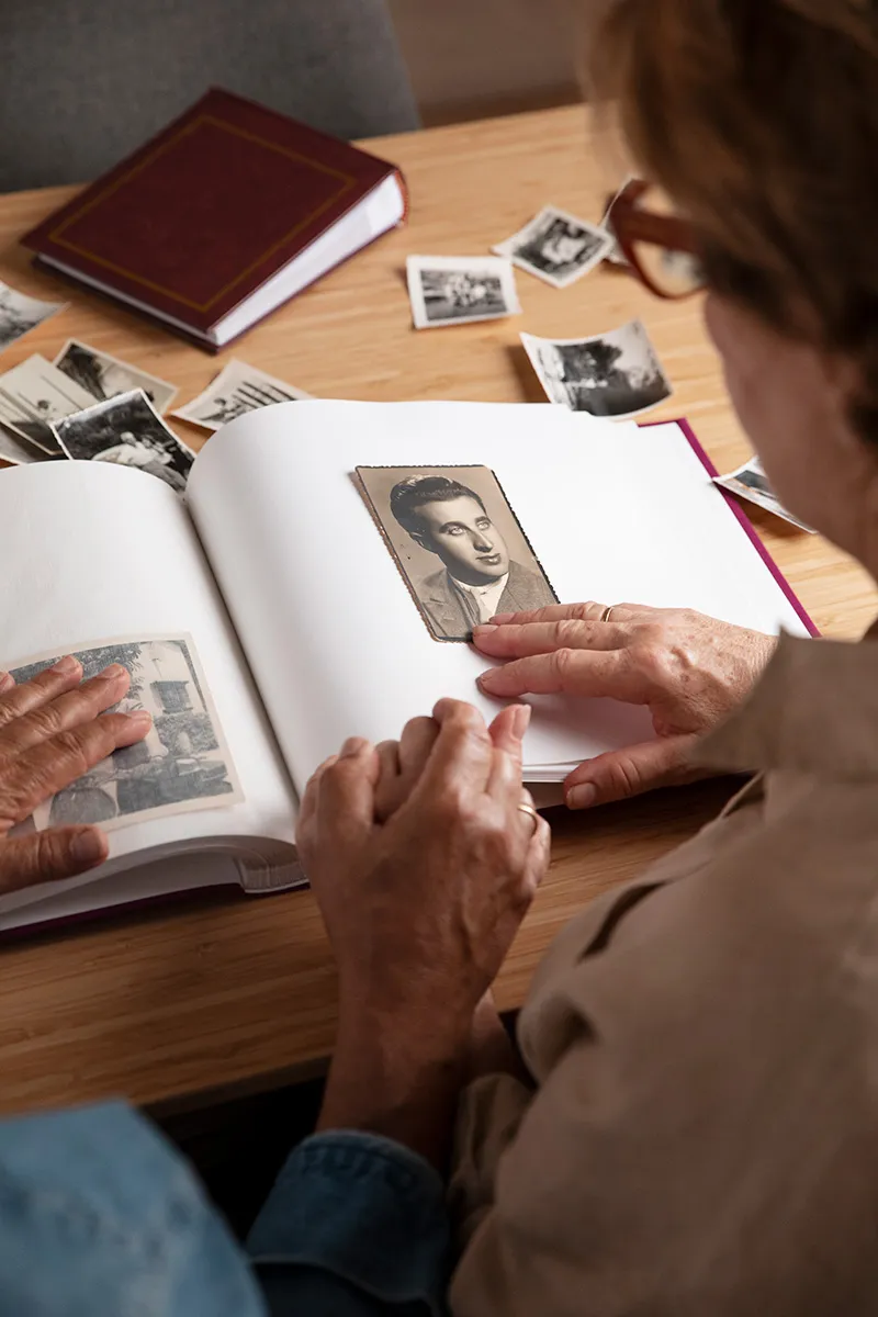looking through photo album